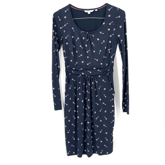 Boden Mabel Key & Lock Printed Ruched Waist Jersey Knee Length Navy Dress - Picture 3 of 8
